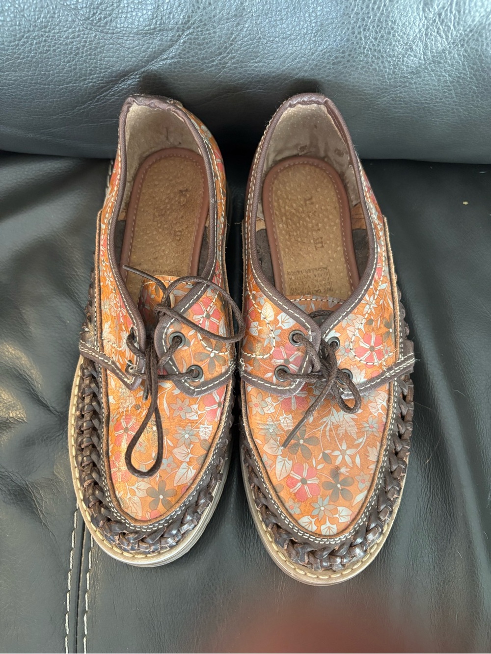 Floral Lace-Up Women's Leather Flats in Orange